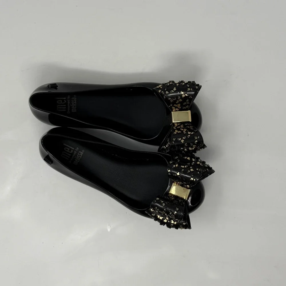 Mel by Melissa Kids Black Jelly Ballet Flats Bow Leopard Print Size 12 USA